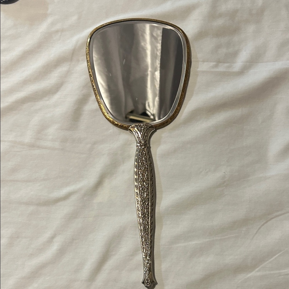 Vintage HAND MIRROR 13" Long Ornate Gold Floral Design 1950's